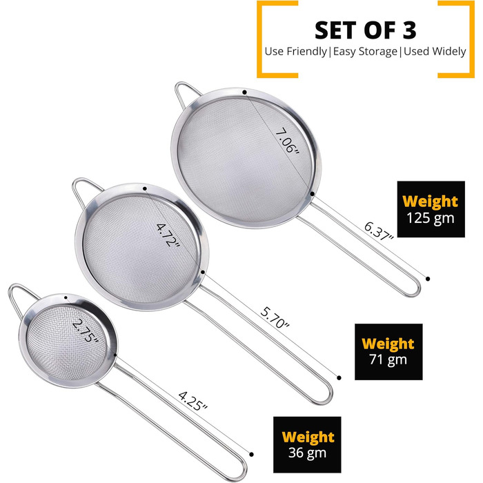 Набір сит Jojeys 8, 14, 20 см – сито з нержавіючої сталі, для приготування їжі, випічки, миття в посудомийній машині