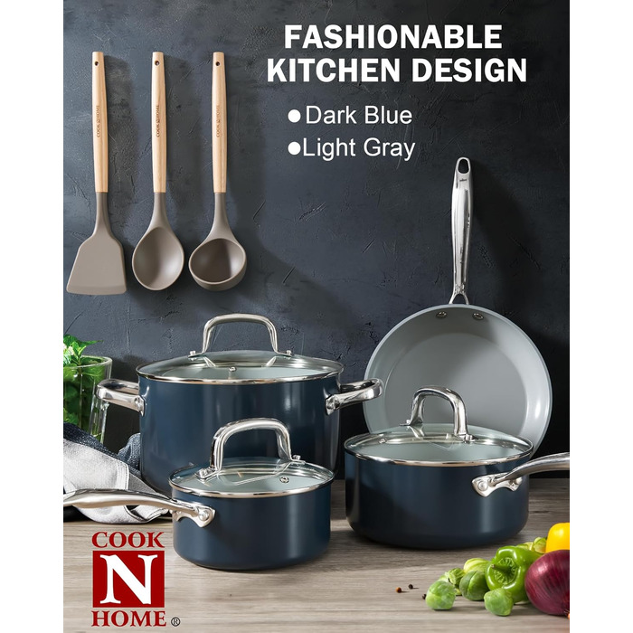 Набір каструль та сковорідок Cook N Home, 10 предметів, антипригарне покриття, кераміка, індукція, блакитний
