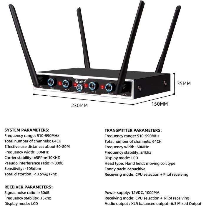 Debra 4-канальний UHF мікрофонний комплект з 16 частотами | 80м радіус дії, 4x Bodypack + мікрофон-гарнітура/петличний | Професійний звук для співу, караоке та конференцій (4 мікрофони)