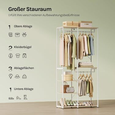 Вільна вішалка для одягу WOLTU з полицею, для спальні/коридору, стабільна, з дерева та металу, білий + світлий дуб