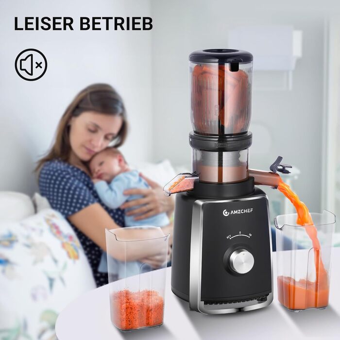 AMZCHEF Електричний соковитискач Slow Juicer 103 мм - потужність 250W, для овочів та фруктів, з 2 фільтрами, тихий двигун, функція реверсу, чорний