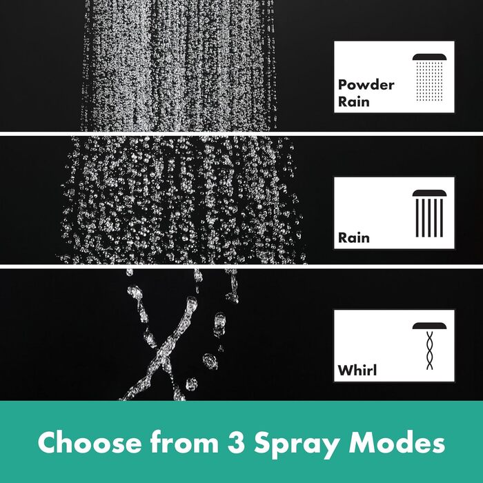 hansgrohe Raindance Select S - water-saving showerhead 9 l/min (EcoSmart), hand shower with 3 spray patterns, round shower head (⌀ 120 mm), water-saving showerhead with anti-limescale function, (with PowderRain jet, Brushed Black Chrome, 3 spray patterns including PowderRain)