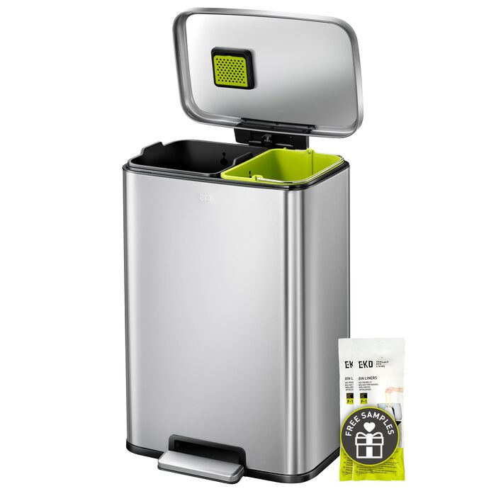 Відро для сміття EKO Madison 30L з висувним контейнером, м'яким закриттям кришки, стійке до відбитків пальців, нержавіюча сталь, прямокутне, з 20 мішками для сміття (25L+20L)