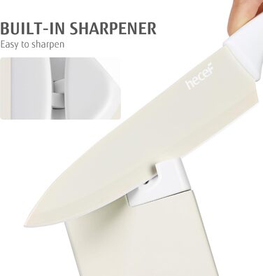 Набір ножів Hecef 14 предметів з бруском, кремового кольору, з антипригарним покриттям. Самозаточувальний ніжний блок, ергономічні ручки, компактний набір ножів для будь-якої кухні, безпечний для миття в посудомийній машині.