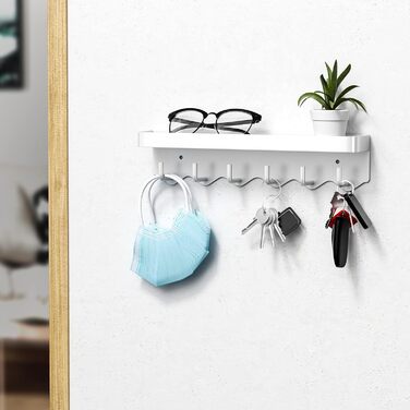 Ключниця Newaner з полицею та 6 гачками, біла. Органайзер для ключів без свердління, настінний, для дому та кухні