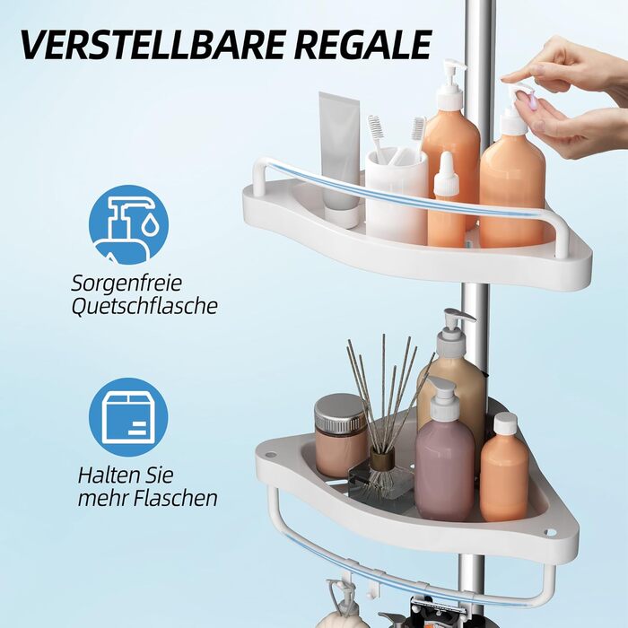 GOOPOOL Adjustable Height Shower Caddy, No Drilling Required, Rustproof Corner Shelf, Bathroom Organizer, Bathroom Storage Shelf with 4 Baskets and 1 Towel Holder for Bathtub and Bathroom, 70-320M White