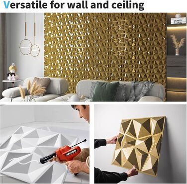 3D Панелі для стін Art3d (33 шт.) - Діамант, матові, 30x30 см, PVC, золото