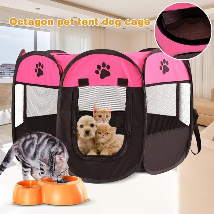 Розкладний вольєр для цуценят та котів, вольєр для тварин, 74x74x43 см, для собак, котів, кроликів, дрібних тварин (рожевий + чорний)