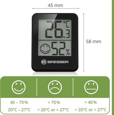 Bresser 6-Piece Thermometer Hygrometer Set - Digital Room Thermometer for Controlling Indoor Humidity, Refrigerator Suitable, Wall Mounting and Magnetic, Mold Prevention - Smiley Indicator, Black