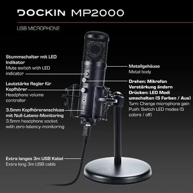 USB мікрофон DOCKIN® MP2000 для ПК, геймінгу, подкастів та стрімінгу - мікрофон з USB для запису звуку з важким штативом. Якість звуку 130dB.