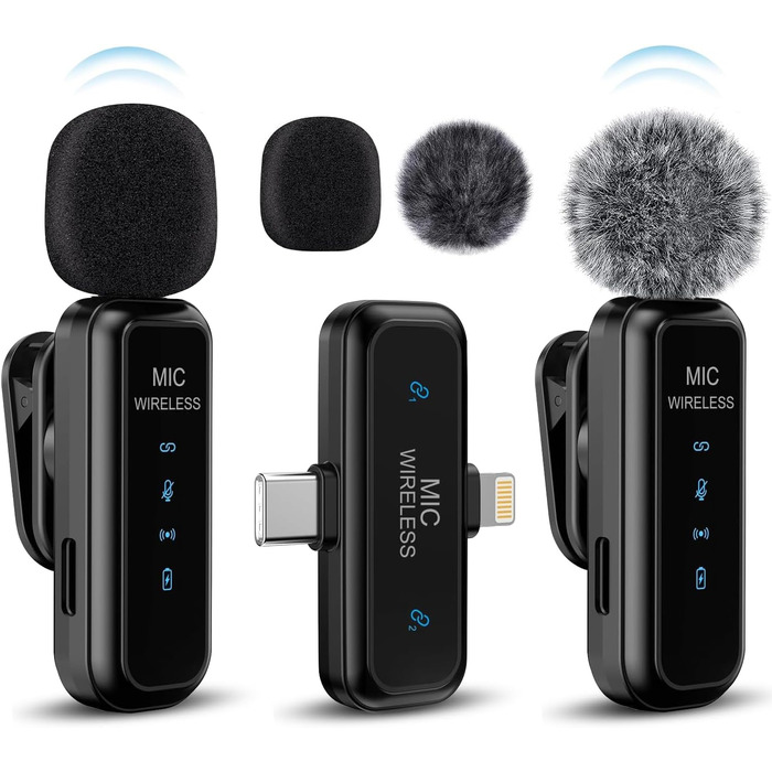 Навушники-мікрофон Laqula 2-в-1 бездротові петличні для iPhone, iPad, Android, камери, USB-C, 2 шт., шумозаглушення, кристально чиста якість запису для відео, Vlog, YouTube, TikTok, інтерв'ю, чорний