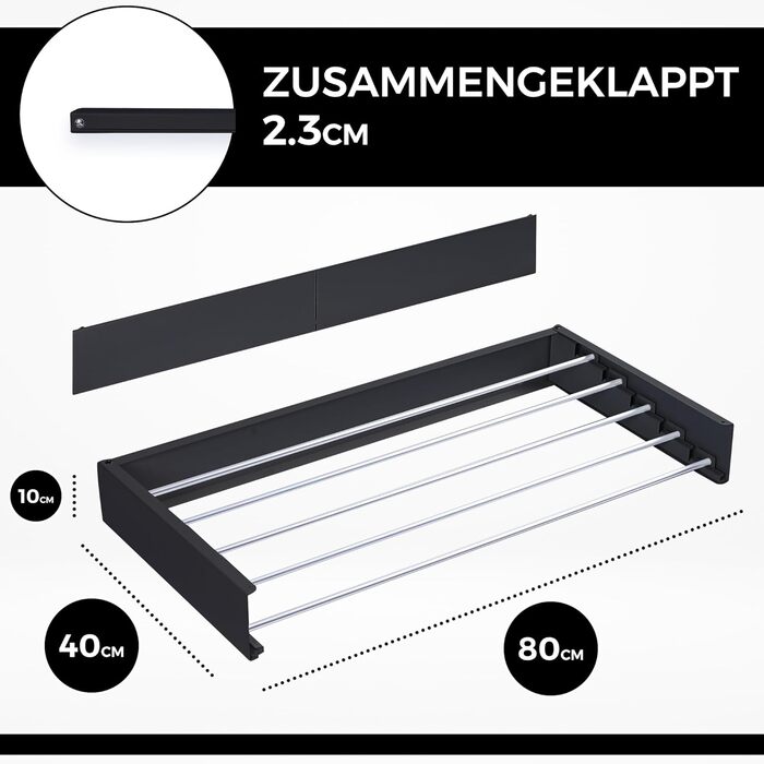 Настінна сушарка для білизни Vonia – компактна та складана – міцна, для ванної кімнати, балкону та маленьких квартир (Чорний, 80 x 40 см)