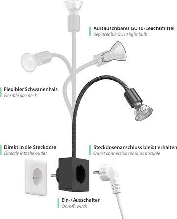Світлодіодна настільна лампа-бра LESCH з гнучким кронштейном (чорна, 2 шт.) - для читання, під розетку, GU10, 10W