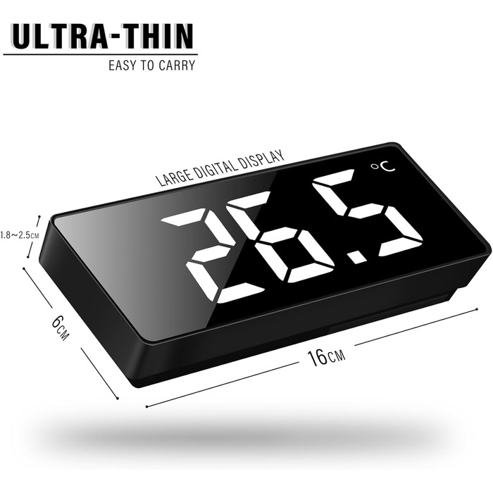 Цифровий будильник JQGO з LED дисплеєм, USB-кабель, регулювання яскравості, показник температури, функція відкладання, голосове керування, для спальні (білий/чорний)