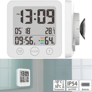 infactory Bathroom Radio Clock: Digital Bathroom Radio Wall Clock with Thermometer, Aluminum, Suction Cups, IP24 (Bathroom Radio Clock Digital, Clock, Gift Ideas) (1 piece, square)