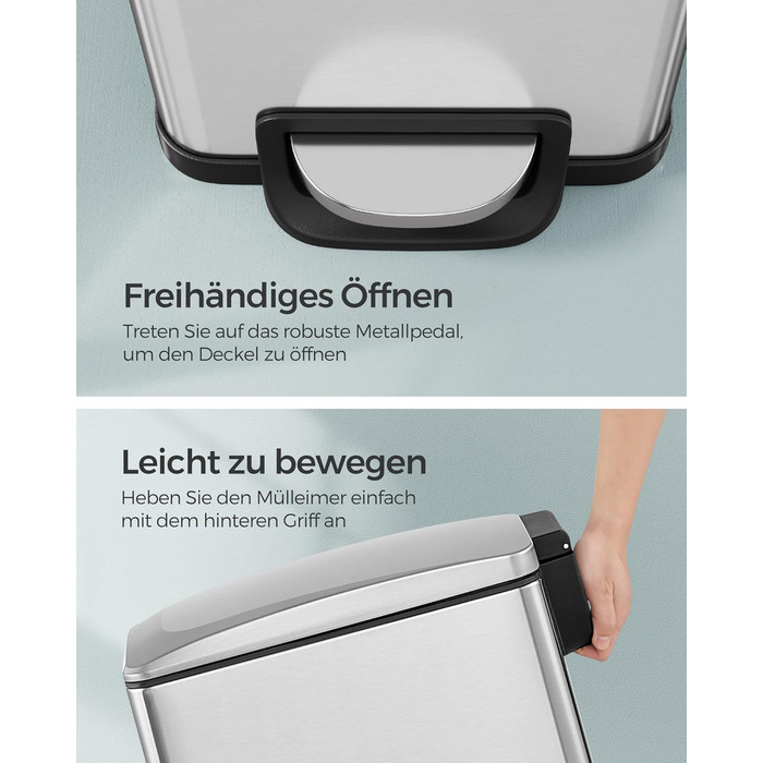 Степле́р SONGMICS для кухні, 48 літрів, вузький, з м'яким закриттям, з відром, з нержавіючої сталі, 15 мішків у комплекті, сріблястий