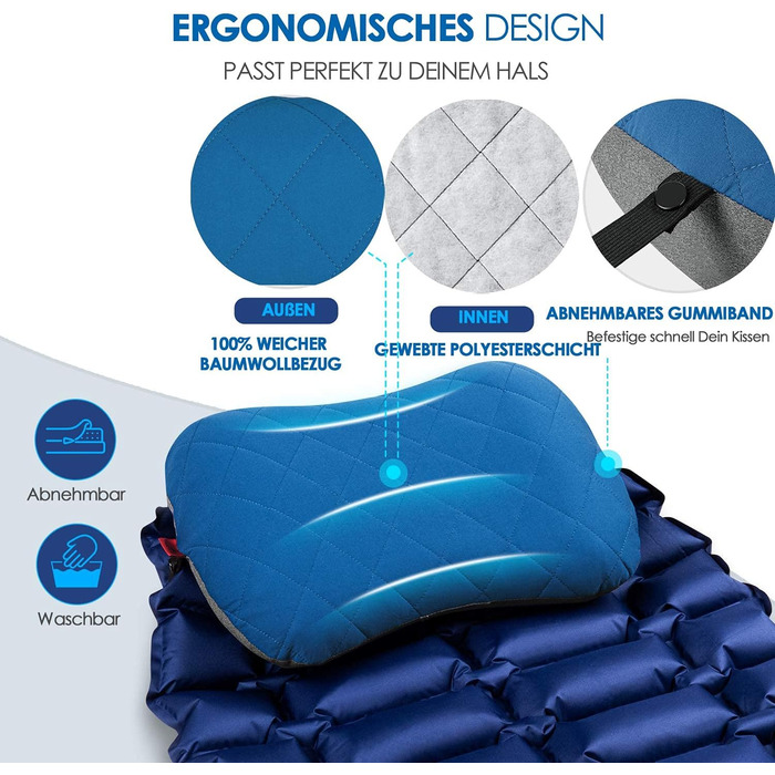 Надувна подушка для кемпінгу та подорожей HIKENTURE з знімним чохлом, ергономічна подушка для голови, зручна подушка для шиї для подорожей/відпочинку на природі (Блакитний)