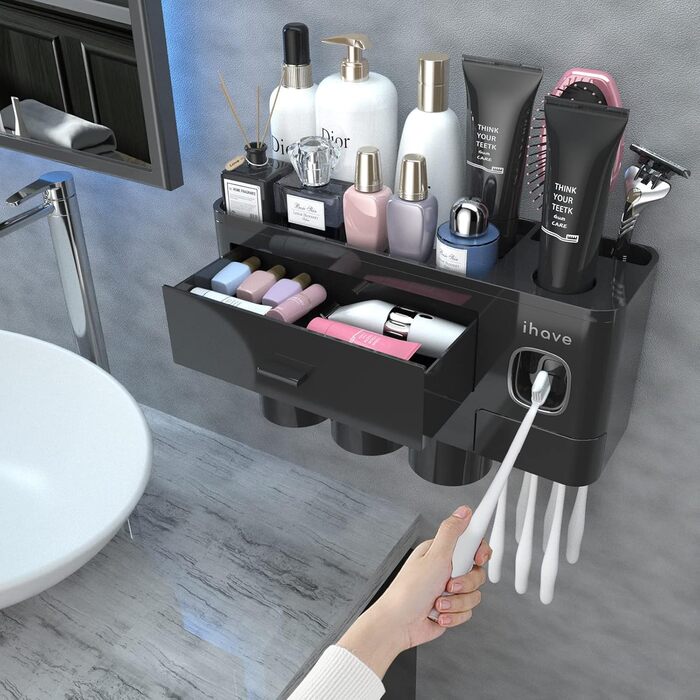 IHave Toothbrush Holder for Bathroom Storage, 3 Cup Toothbrush Holder Wall Mounted with Automatic Toothpaste Dispenser, Large Capacity Toothbrush Holder Bathroom Accessories Black