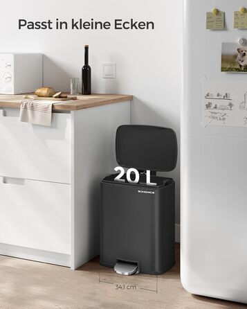 Відро для сміття SONGMICS з педаллю, 20 літрів, з м'яким закриттям, з внутрішнім відром, 15 мішків, металеве срібло LTB543E01