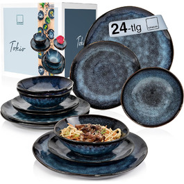 Singer | Tokio 24-Piece Dinnerware Set, Tableware Set for 8 People, Stoneware Tableware Set, Dinnerware, Modern Handmade, Dark Blue Dinner Service with Black Accents | PREMIUM COLLECTION