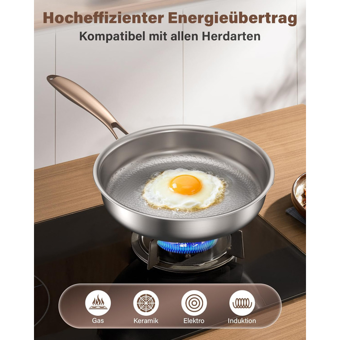 Пательня сталева 28 см Titan, не покрита, індукційна, з ручкою з рожевого золота, 18/10, для всіх типів плит та посудомийки, без PTFE/PFOA