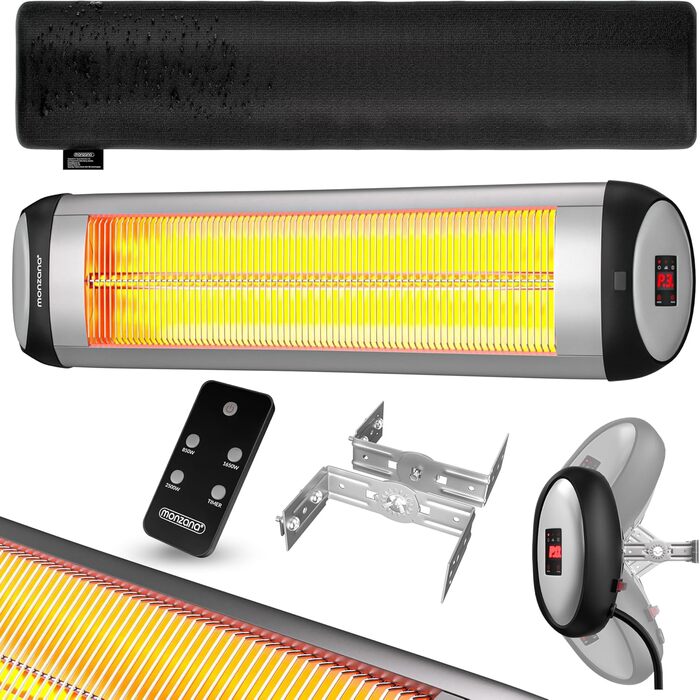 Інфрачервовий обігрівач MONZANA® MZH2501 з таймером, 2500W, 3 режими, 24 год, пульт ДУ, кут нахилу 90°, електричний, для тераси (сріблястий)