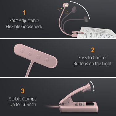 Ліхтарик для читання з кліпсою, USB-C, 3 кольори, 10 рівнів яскравості, гнучкий тримач, дитячий, рожевий (2 шт)