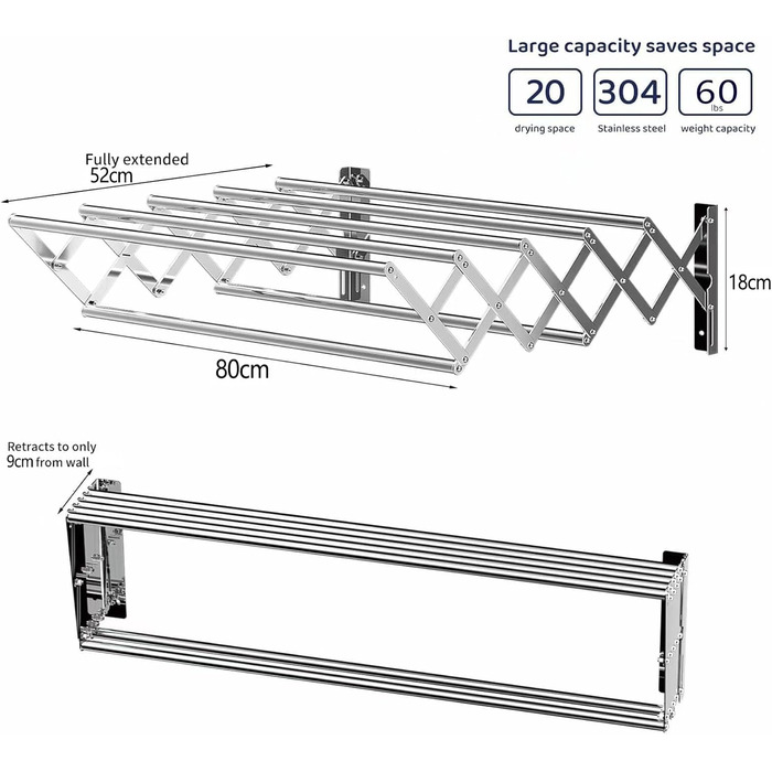 Висувна стійка для сушіння білизни на стіну, 80 см, нержавіюча сталь, для балкону, економія місця