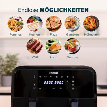 Princess Double Chamber Air Fryer with 2x4L Capacity – 74% Less Energy Consumption – Separate Temperatures for 2 Compartments – 8 Programs – 182068, 2400 Watt, 38.4 x 37.4 x 30.8 cm Double 2x4L Chamber Air Fryer Black