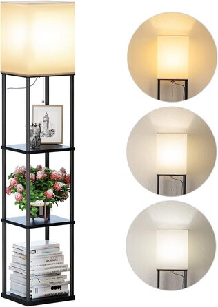 Стійка лампа з полицею для вітальні у стилі вінтаж, чорна. Металева підлога, 3 режими кольору, тканинний абажур, вимикач на ніжці. Ідеальна для вітальні, спальні, офісу.