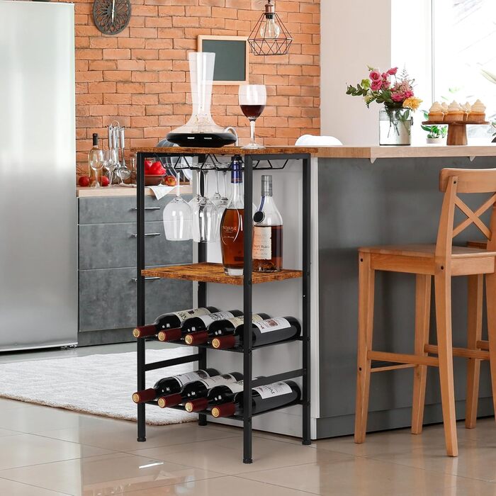 YBING Wine Rack, Freestanding, Floor Wine Bar Rack with Glass Holder and Tabletop, 8 Bottles, Wood Wine Tables with Shelves, 4 Tiers, Wine Bottle Organizer, Display Stand, Rustic Brown