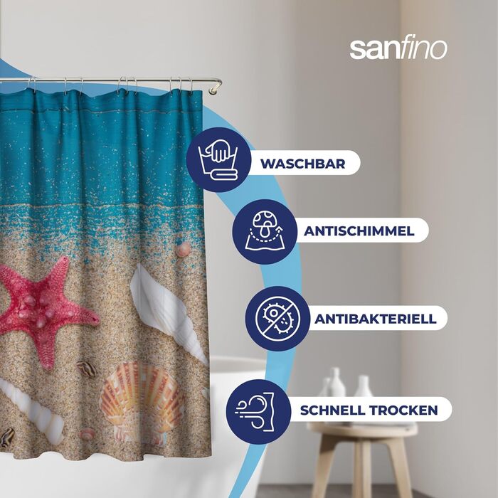 Штора для душу Red Star 180x200 см, водонепроникна, з кільцями (12 шт.), антибактеріальна, з малюнком для ванни та душу, сертифікат Öko-Tex