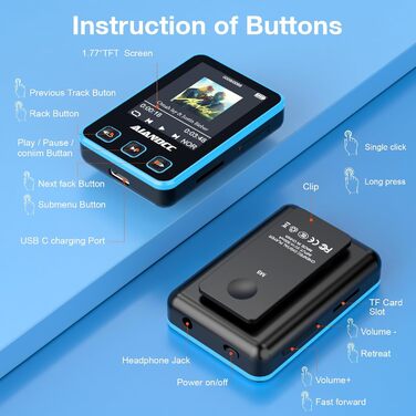 MP3 плеєр Bluetooth 5.3 зі спортивним кліпом та браслетом, 1.77