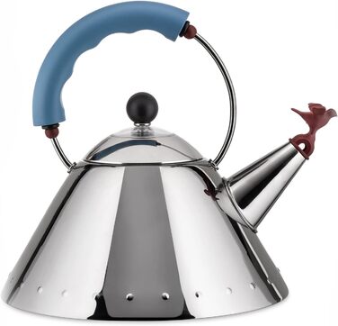 Alessi stainless steel kettle with handle and bird-shaped PA whistle, light blue, 4.4 x 25 x 4.4 cm, Blue Blue Stainless Steel