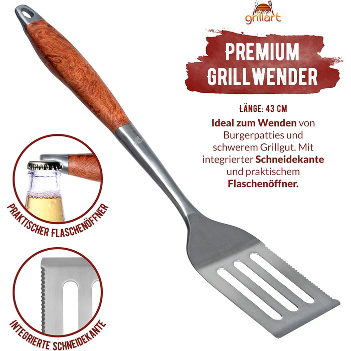 Набір гриль-посуду Grillart® Premium: 3 предмети з нержавіючої сталі та дерев'яними ручками (щипці, лопатка, виделка)