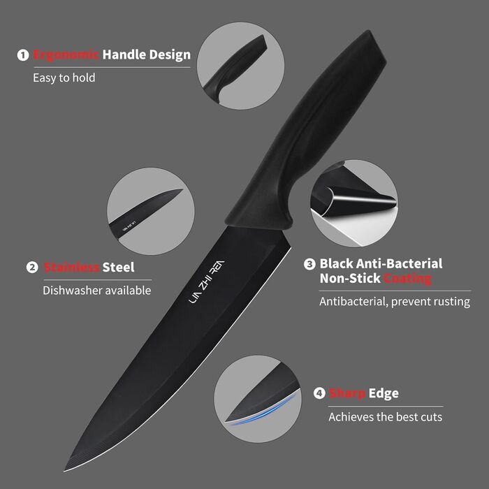 Набір ножів кухонних 15 предметів з точилкою, чорний, для нарізки, шинкування, подрібнення, безпечний для миття в посудомийній машині