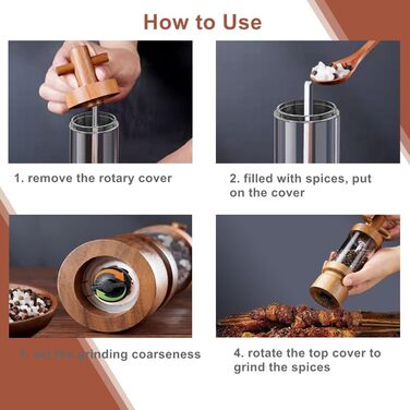 Auciej Pepper Grinder Wooden Salt Grinder Manual Spice Grinder Set with Adjustable Ceramic Grinder, Salt and Pepper Grinder with Coaster for Spices, Pepper, Salt, 2-Piece Set, Height: 18 cm