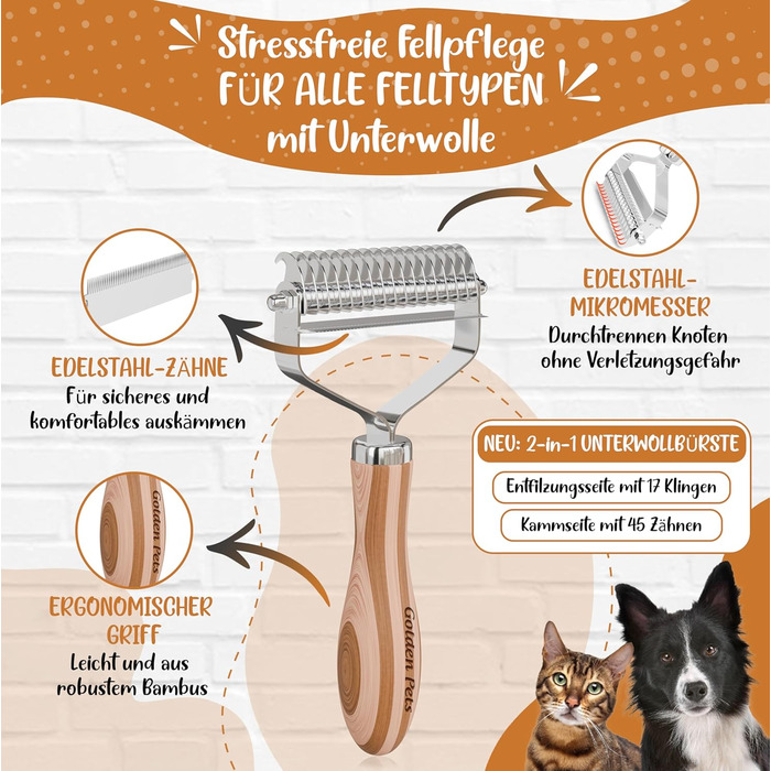 Щітка для підшерстка собак та котів TESTURTEIL, бамбук 2в1, M-L | Видаляє підшерсток та ковтуни