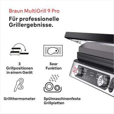 Braun MultiGrill 9 Pro CG 9167, contact grill with grill, flat, and waffle plates and temperature probe. Grill positions: contact, BBQ, oven. Dishwasher-safe plates, Boost function up to 265°.