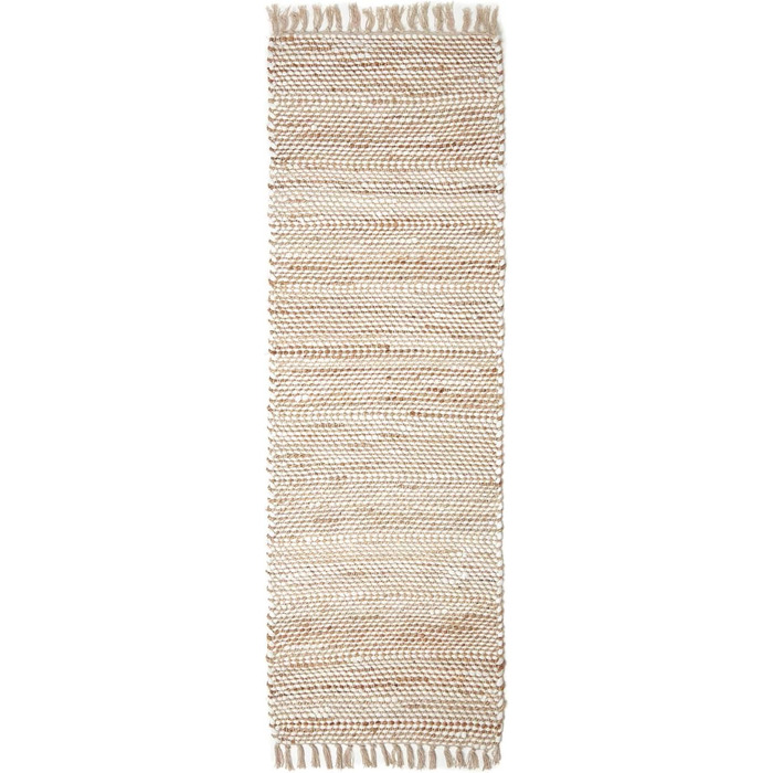 Homescapes Runner Rug Horizon, handwoven from 100% hemp, 66 x 200 cm, patchwork rug with herringbone pattern and fringe, cream natural