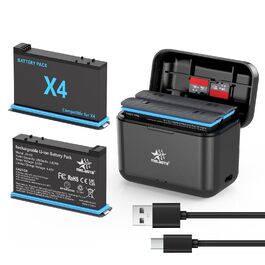 Акумулятор Melasta 2500mAh для Insta360 X4 (2 шт.) з зарядним пристроєм USB-C. Запасний акумулятор для екшн-камери Insta360 X4