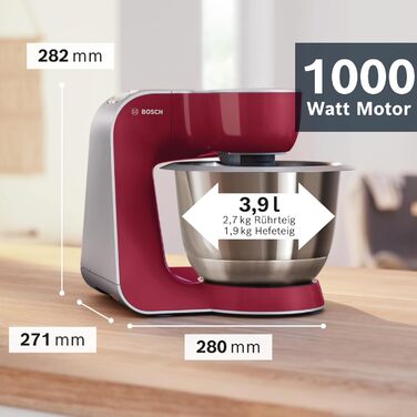 Кухонний комбайн Bosch MUM58720 Серія 4, 1000 Вт, 3,9 л, міксер 1,25 л, планетарне змішування, насадки для тіста і збивання, шинкувальна насадка, нержавіюча сталь, темно-червоний/сріблястий