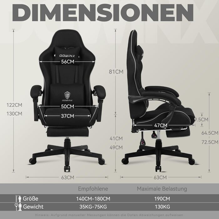 Ігровий крісло Dowinx з підголівником та підставкою для ніг, тканина, масаж, чорний колір. Ергономічне крісло для офісу та геймінгу