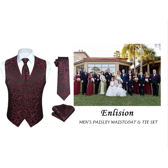 Костюмний жилет для чоловіків Enlision на весілля з павальовим візерунком, краватка та нагрудна хустинка. Чорно-вишневий, XL
