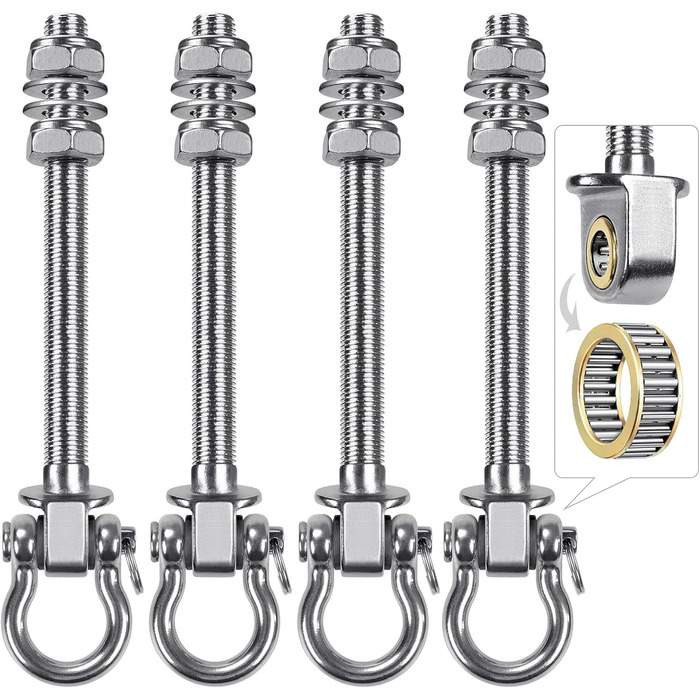 BeneLabel 4-Piece Swivel Hook Bearing, Hammock Attachment for Wooden Beams, M10 Heavy-Duty Hanging Chair Suspension, Concrete Ceiling, 245mm Stainless Steel Swivel, Punching Bag Ceiling Bracket, Screw-in Eye Bolts, Up to 680kg