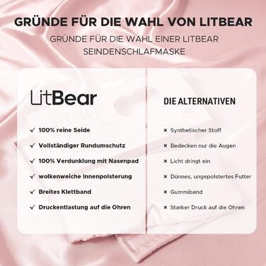 Шовкова маска для сну LitBear, 100% шовк 22 Momme, для жінок та чоловіків, з регульованою стрічкою, рожевого кольору