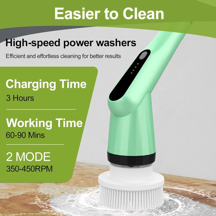 Електрична щітка для прибирання з 7 насадок, водонепроникна IPX7, регульована ручка, для ванної, кухні, підлоги, авто (білий/зелений)