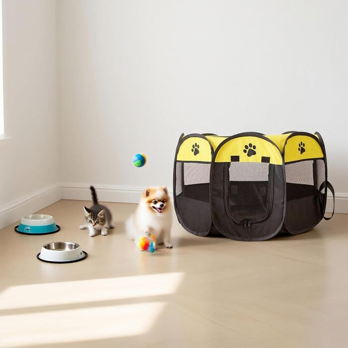 Клітка-забіг для цуценят 74x74x43 см – складана клітка для собак та котів, клітка для кроликів та інших дрібних тварин – безпечний забіг для дому та вулиці сірого кольору + лапа собаки