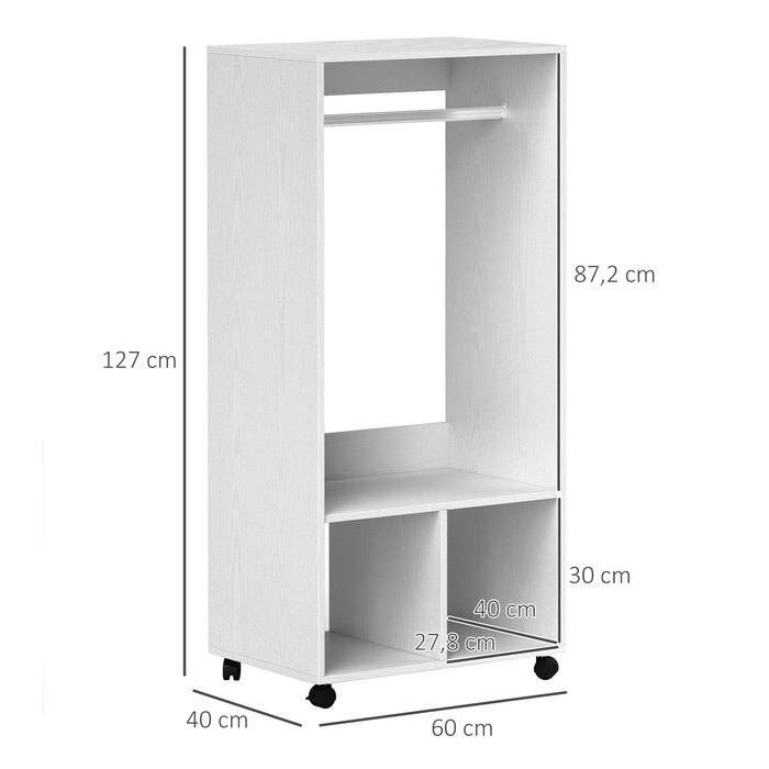 HOMCOM Mobile Clothes Closet Wardrobe with Shelf 4 Swivel Wheels for Living Room Bedroom, Aluminum Alloy, 60 x 40 x 127 cm, White | Aosom