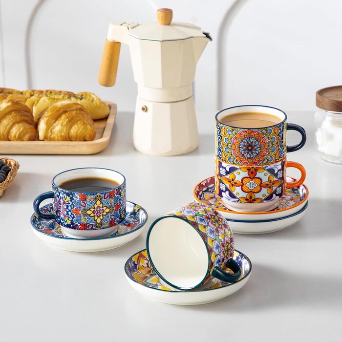 Набір чашок для еспресо Vancasso 4 шт., 150 мл SIMI з підставками та стійкою, керамічні, для капучино, еспресо, лате